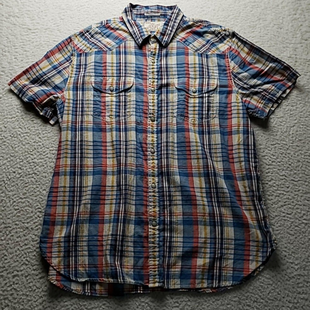 Lucky Brand Shirt Mens Large Blue Plaid Short Sleeve Cotton Button-Up Casual